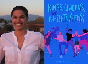 Tanya Boteju (looking into the camera) juxtoposed with the cover of her novel.