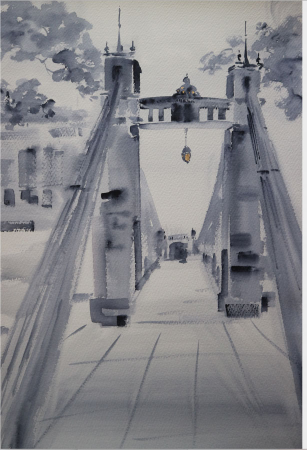 Watercolour painting by Singaporean artist Aaron Gan, entitled Cavenagh Bridge