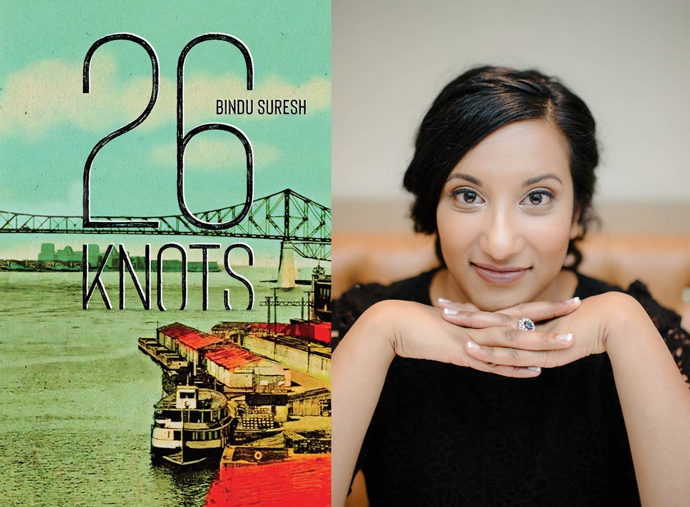 Bindu-Suresh-Interview-Banner Cover of 26 Knots on the left, and the author's on the right with her looking into the camera with her chin resting on her hands