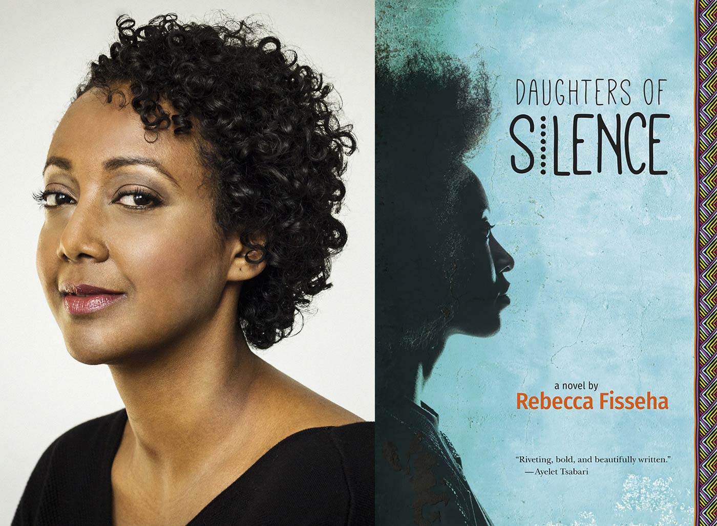 Head shot of Rebecca Fisseha (looking into the camera and in front of a white background), next to the cover of her book, Daughters of Silence