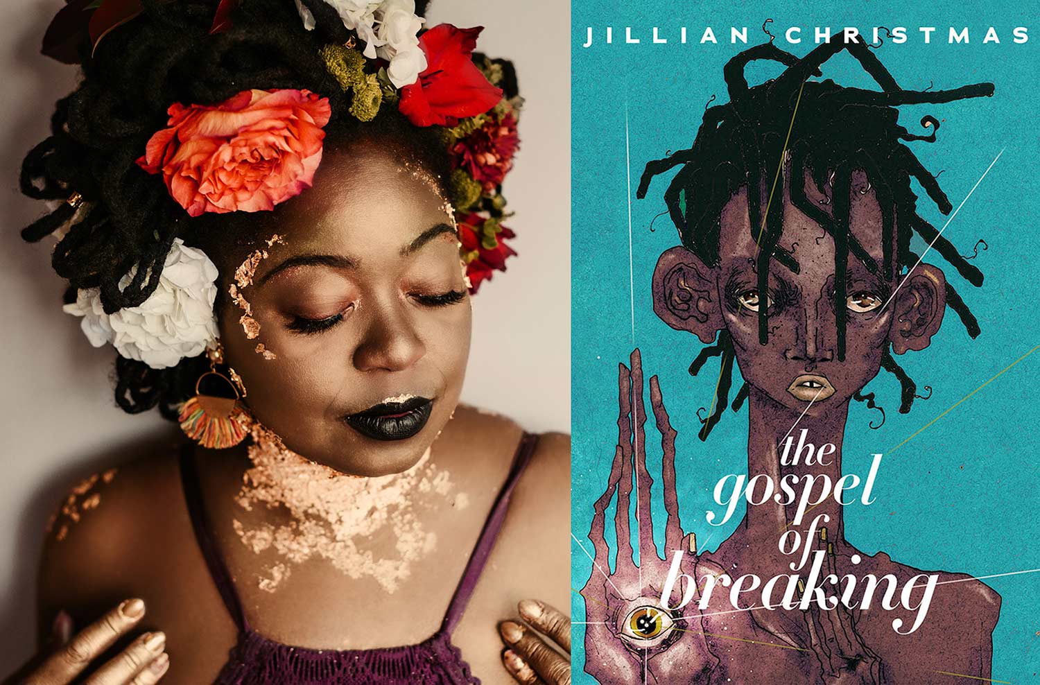 Picture of Jillian on the left with artful makeup on her face and decolletage. She's wearing a flower crown made up of orange, red, and white flowers. She's looking down. To the left is the cover of her poetry collection.