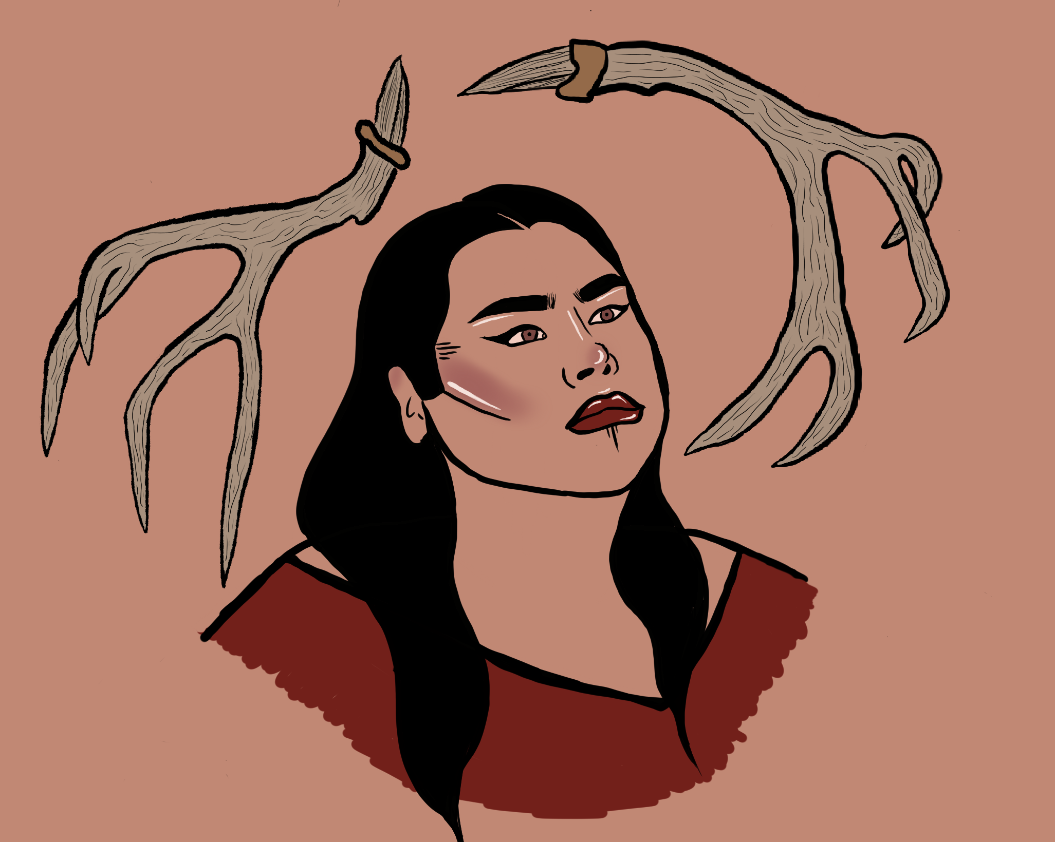 Image is a drawing of an Indigenous femme's side profile and two antlers around her head