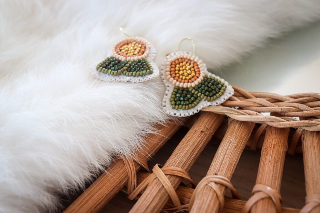a pair of beaded flower earrings