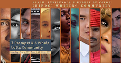 image of an invitation which states "You're Invited to a BIPOC Writing Party" along with "Two Prompts and a Whole Lotta Community". Featuring a collage of the faces of people from the Black, Indigenous, POC (BIPOC) Writing Community.