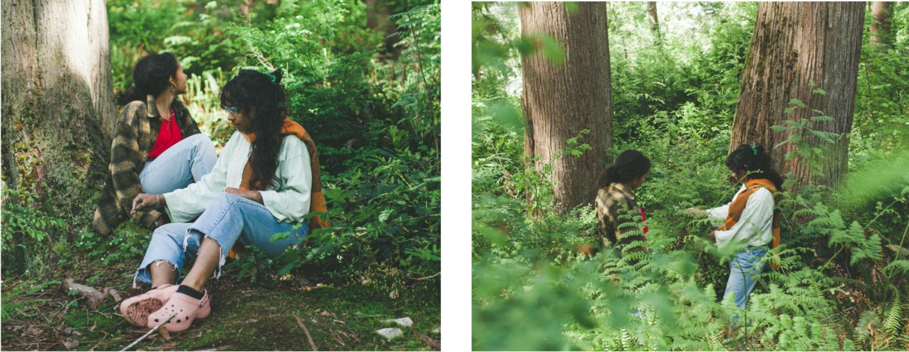 Lexi and Karmella sifting through the woods, looking through the forest ecosystem of ferns, forests, and mosses.