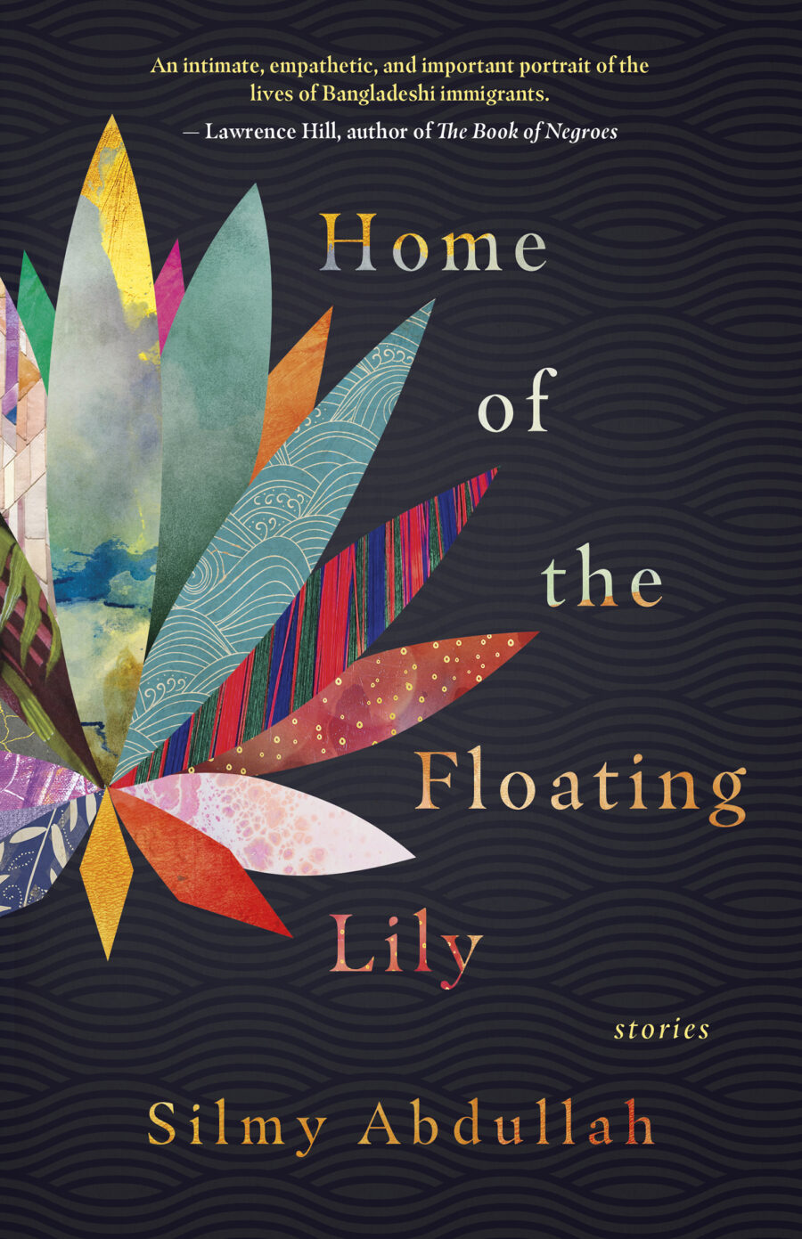 Cover photo of Home of the Floating Lily, showing the image of a lily flower in colourful watercolor, before a black backdrop.
