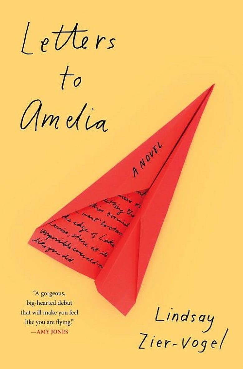 Cover photo of Letters To Amelia, showing a bright red airplane with words written on one of its wing flaps, in front of a yellow background.