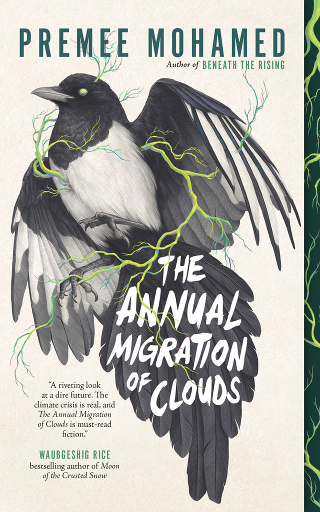9781770415935_eb658a8e-e397-49bc-8f5d-38b63191e8b1_1024x1024 Cover art of The Annual Migration of Clouds. Cover depicts a black and white-crested bird with wing flaps semi-open, the title written in all-caps across it's tail, and green plant twines wrapped across the bird's body.