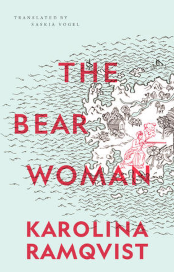 Screen Shot 2022-09-04 at 1.05.42 PM Cover photo of The Bear Woman. Backdrop is light teal. There is black and red line drawings of a geographical terrain or town. Title and author's name are written in red all caps across the page.