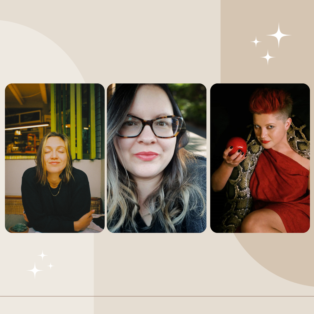 Poetry Contest 2022 Winners Three headshots side by side on a brown and beige background.