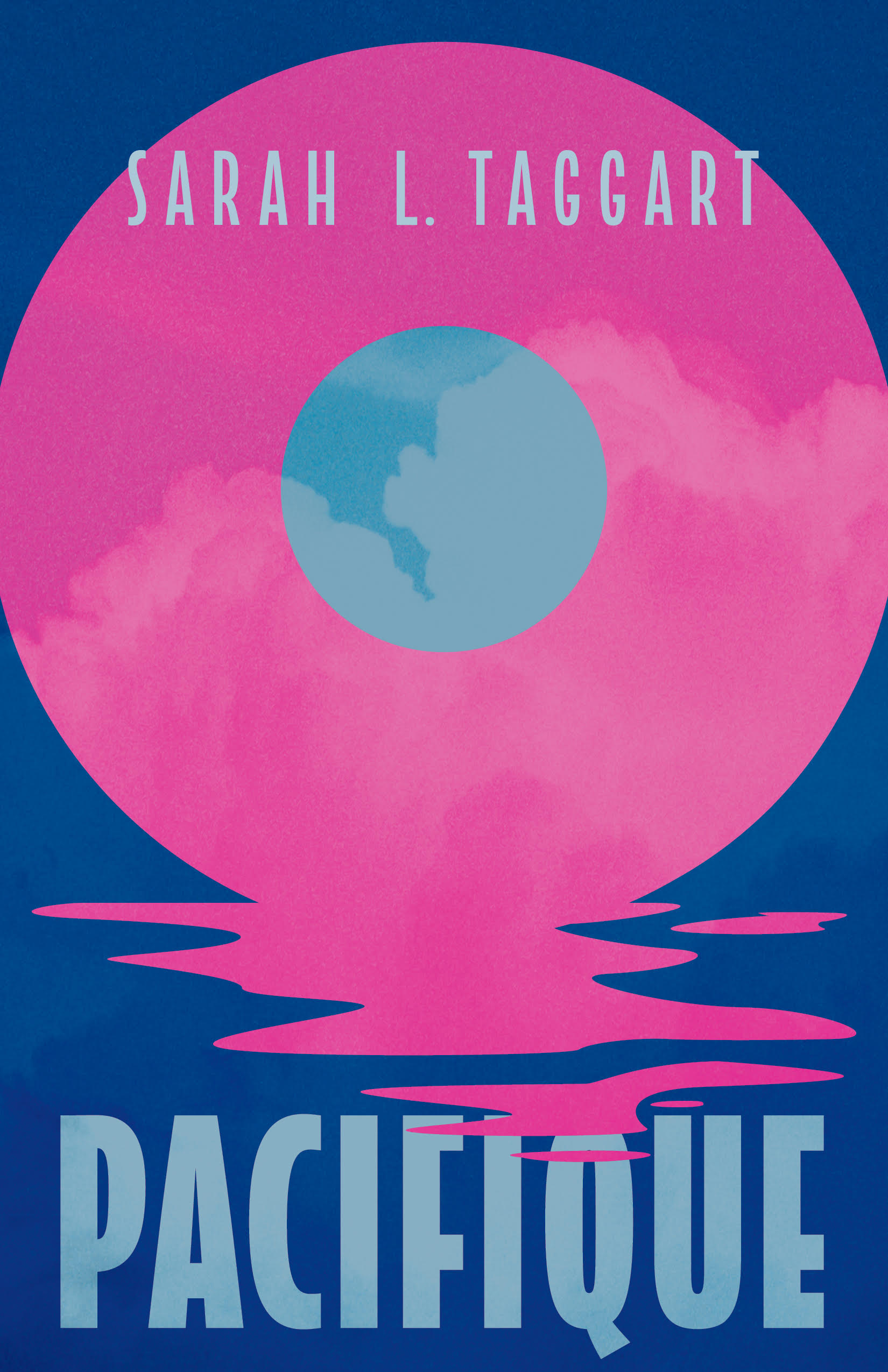 RVW Cole Image is a cover of the book Pacifique, with the title written in light blue along the bottom. Using fairly minimalist style, a massive pink moon reflects on an ocean, with a much smaller earth in the center of it.