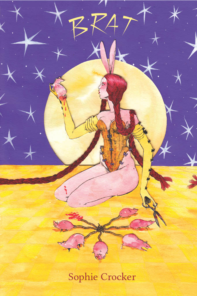 RVW Van (1)1024_1 Cover is an illustratino of a person with their hair in long braids, one so long it goes off the cover to the left, the other broken near the person's right elbow. They sit in front of a full moon and hold a blood clovered rat. They have two long pink bunny ears. In front of them seven rats with their tails tied together form what is almost a symbol of chaos, save the eighth rat, which she is holding.