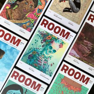 A variety of recent issues of Room Magazine laid out diagonally