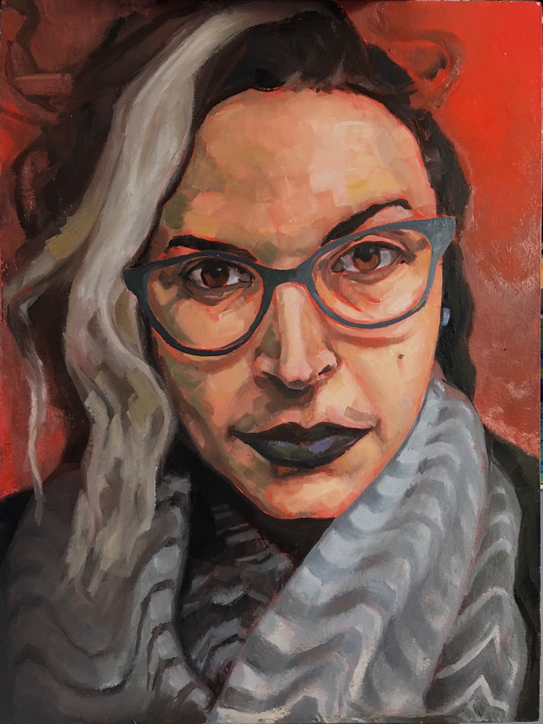 RAbdulhadi_creditJJDumont2020 A painted portrait in which a genderqueer Palestinian person with long wavy black hair that has a pale streak in front is staring directly at the viewer from against a fiery orange background. They are wearing black lipstick, large horn-rimmed glasses, and a grey and black rippled scarf. A turquoise stud earring is visible on their left ear.