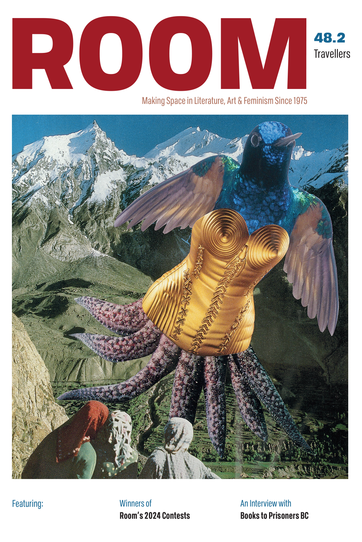 Cover of ROOM issue 46.2, Ley Line. Making Space in Literature, Art, and Feminism Since 1975. Featuring: New Fiction by Sydney Hegele and an interview with Tiffany Morris. Visual art depicting sheet ghosts depicted in block lines, some half running left and half running right, multiplied in a long line leading far into the back of the image. The sheets are white and the ghosts have brown arms and green and black hats.